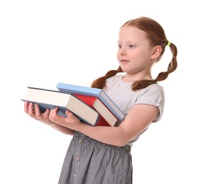 Photo of Cute little girl with stack of books on white background