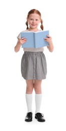 Photo of Smiling girl reading book on white background