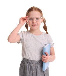 Photo of Smiling girl with book on white background