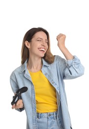 Photo of Happy woman with game controller on white background