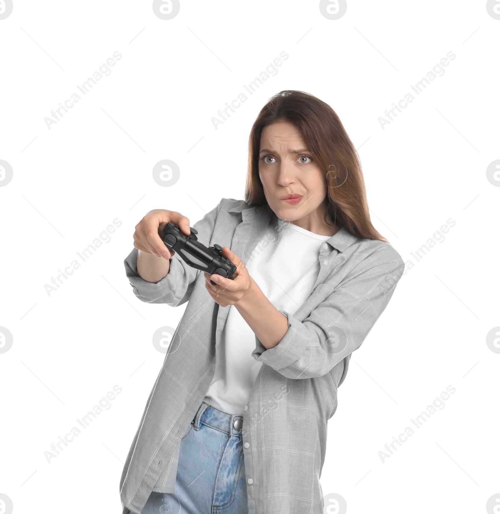 Photo of Emotional woman playing video game with controller on white background