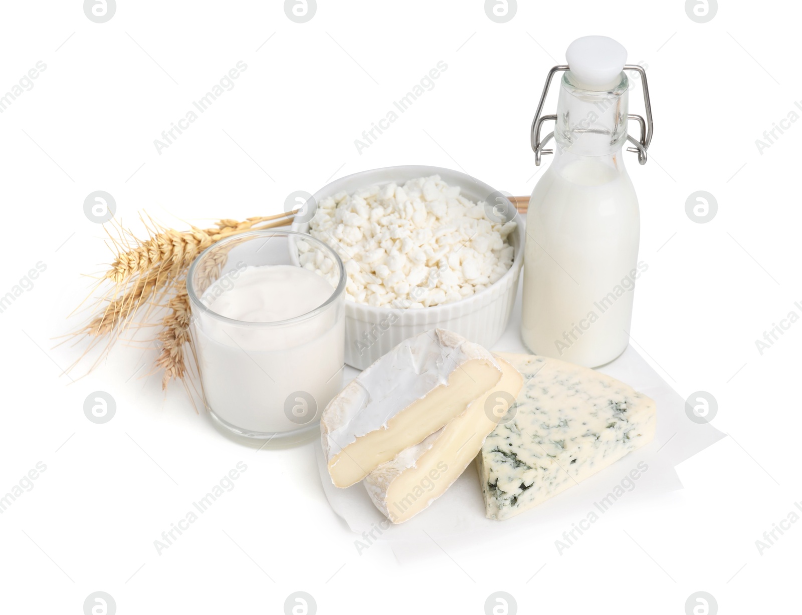 Photo of Different fresh dairy products and wheat ears isolated on white