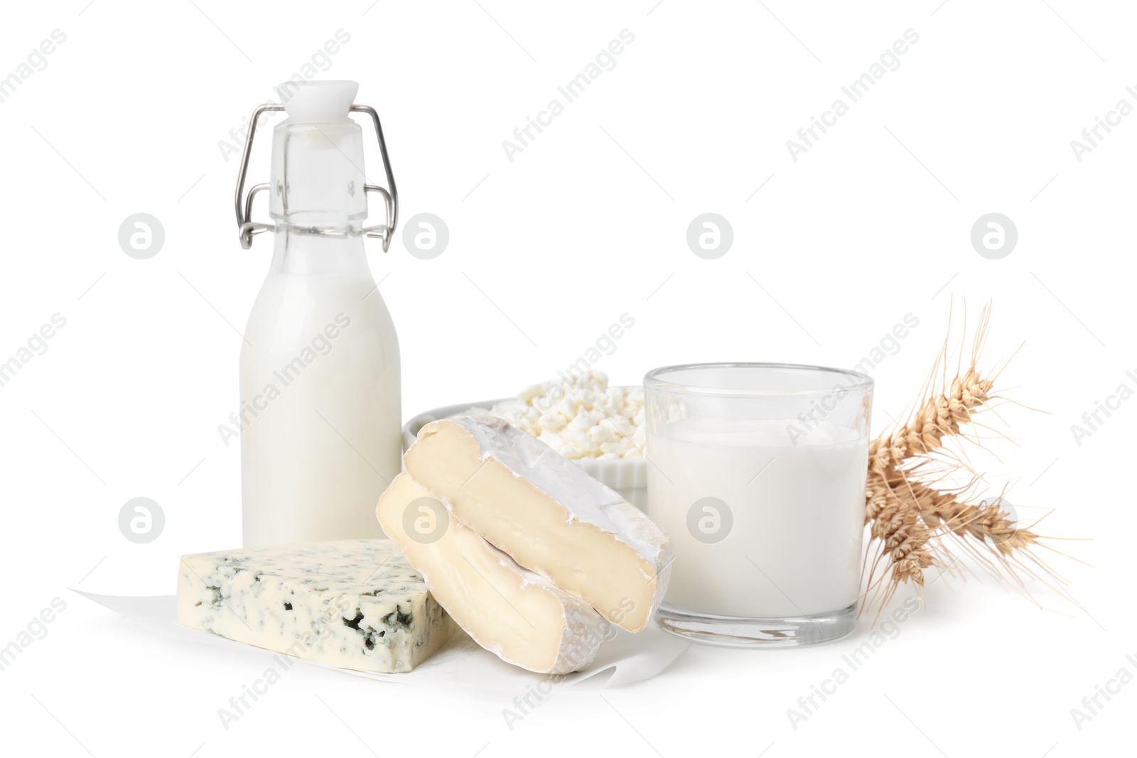 Photo of Different fresh dairy products and wheat ears isolated on white