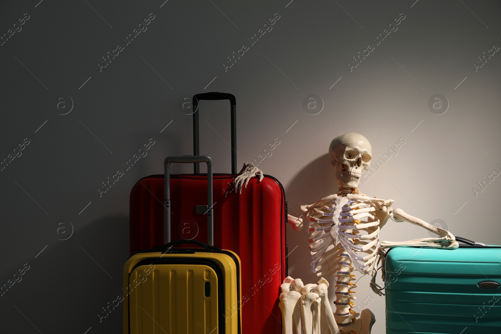 Photo of Waiting concept. Human skeleton with suitcases near grey wall