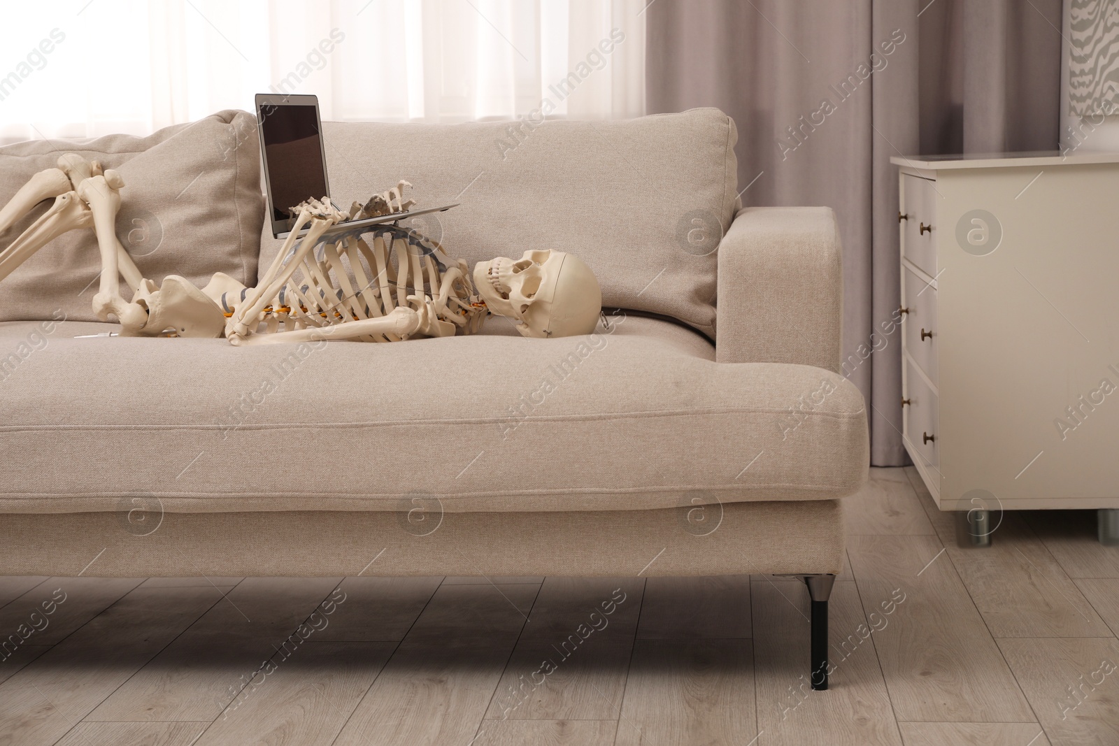 Photo of Waiting concept. Human skeleton with laptop on sofa indoors