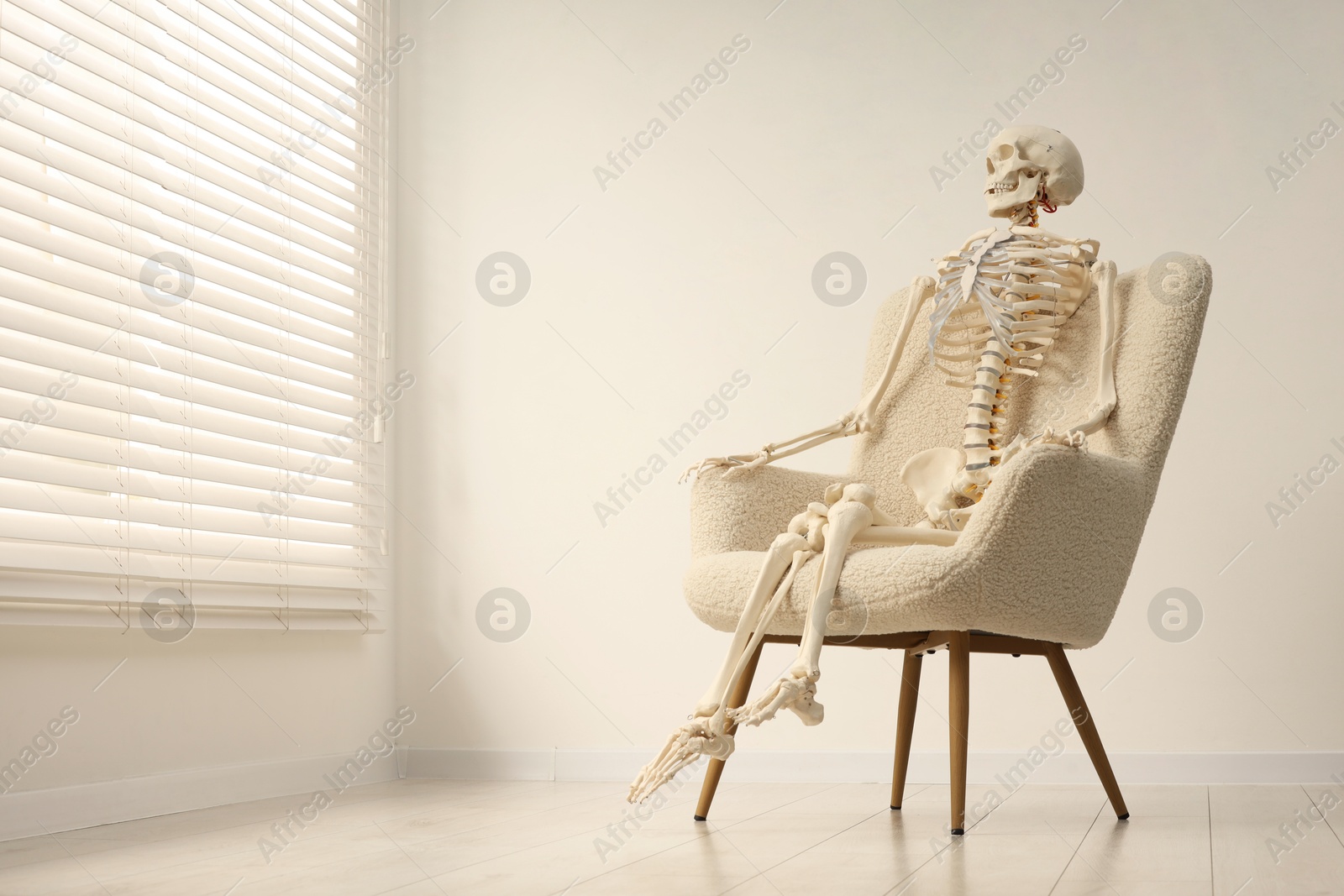 Photo of Waiting concept. Human skeleton sitting in armchair indoors, space for text