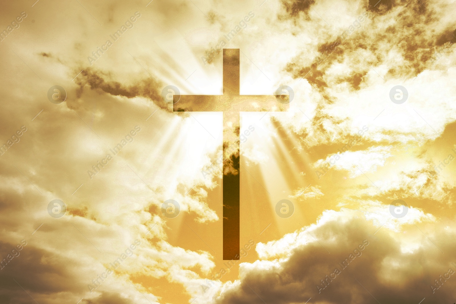 Image of Cross lit by sunlight in sky, double exposure. Religion of Christianity