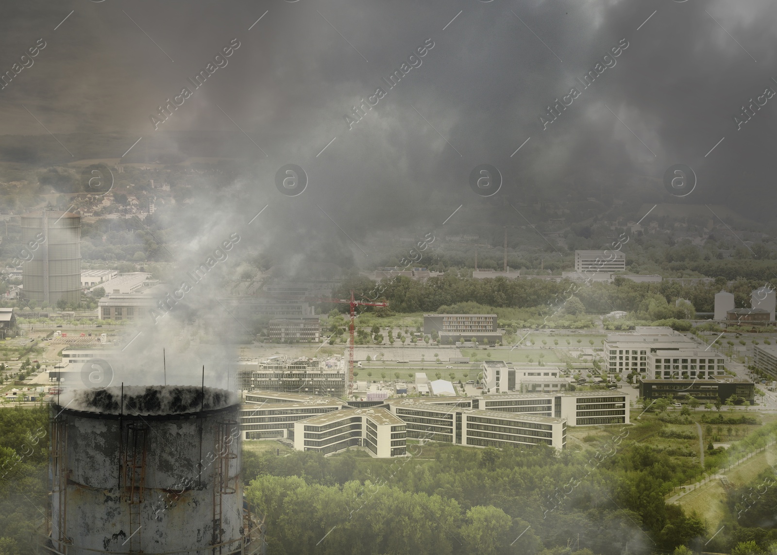 Image of Global warming concept. Industrial factory polluting air with smoke outdoors, aerial view