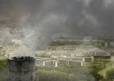 Image of Global warming concept. Industrial factory polluting air with smoke outdoors, aerial view