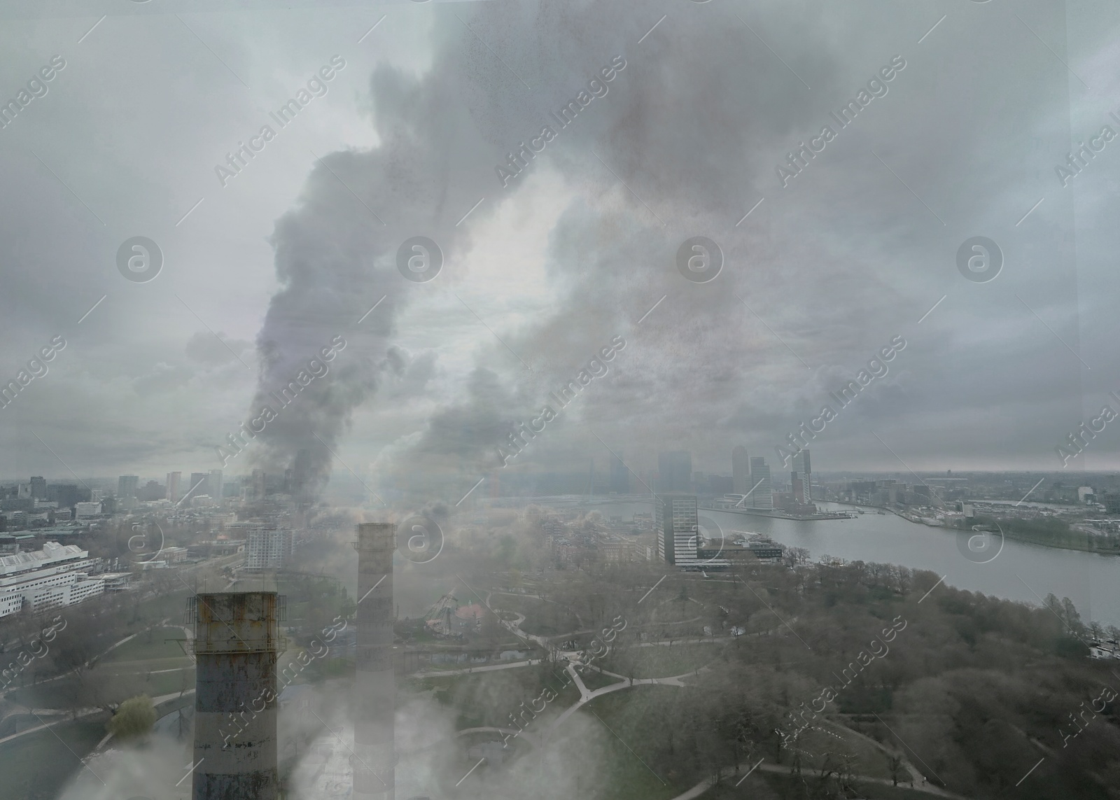 Image of Global warming concept. Industrial factory polluting air with smoke outdoors, aerial view