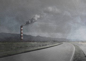 Image of Global warming concept. Factory polluting air, environment contamination