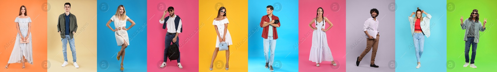 Image of Different people on various color backgrounds, collage