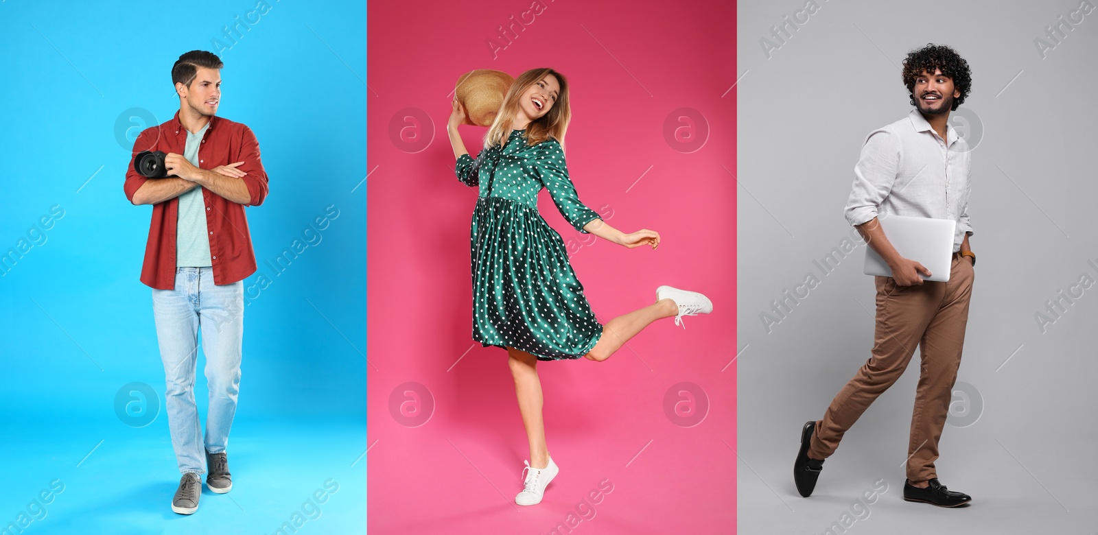 Image of Different people on various color backgrounds, collage