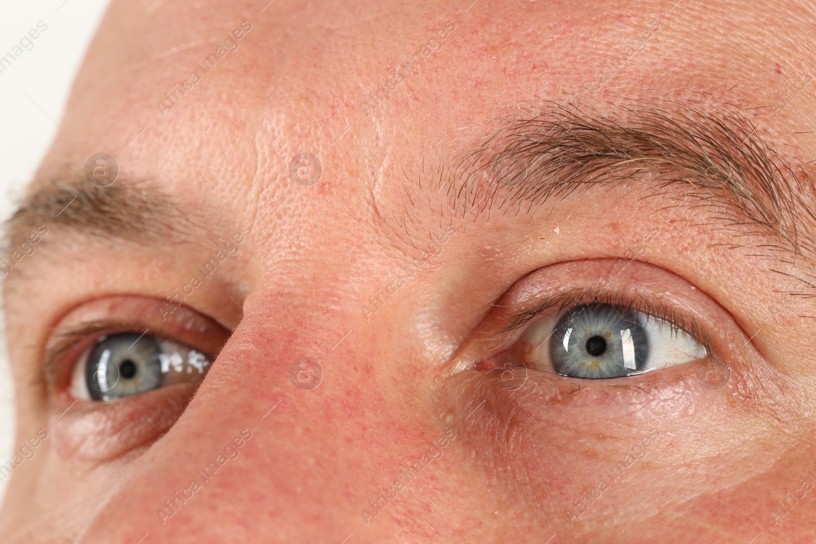 Photo of Man with beautiful blue eyes on white background, closeup