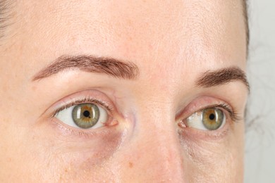 Photo of Woman with beautiful green eyes on light grey background, closeup