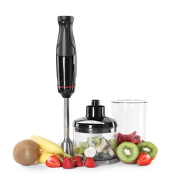 Photo of Hand blender kit, fresh fruits and strawberries isolated on white