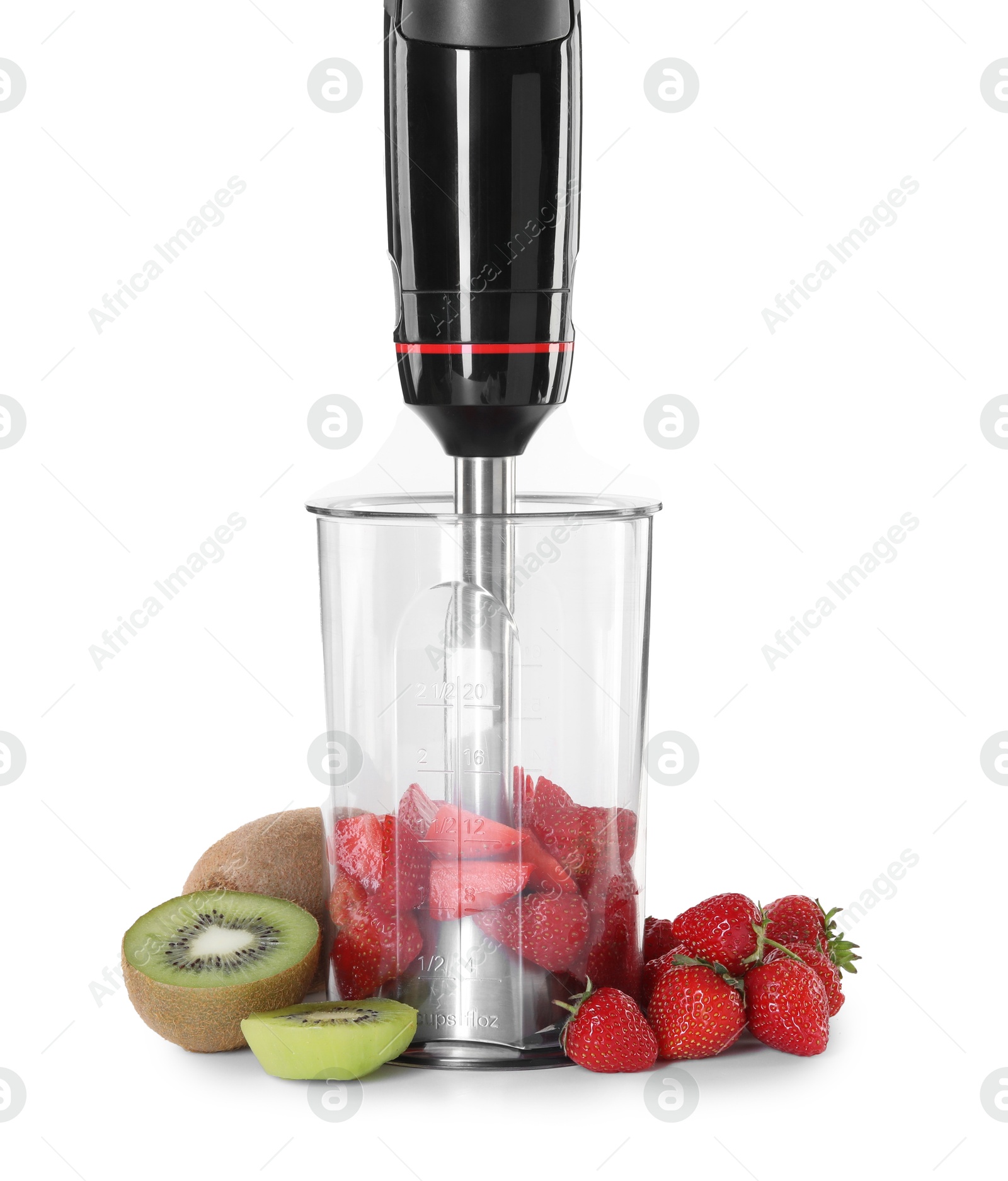 Photo of Hand blender kit, fresh kiwis and strawberries isolated on white