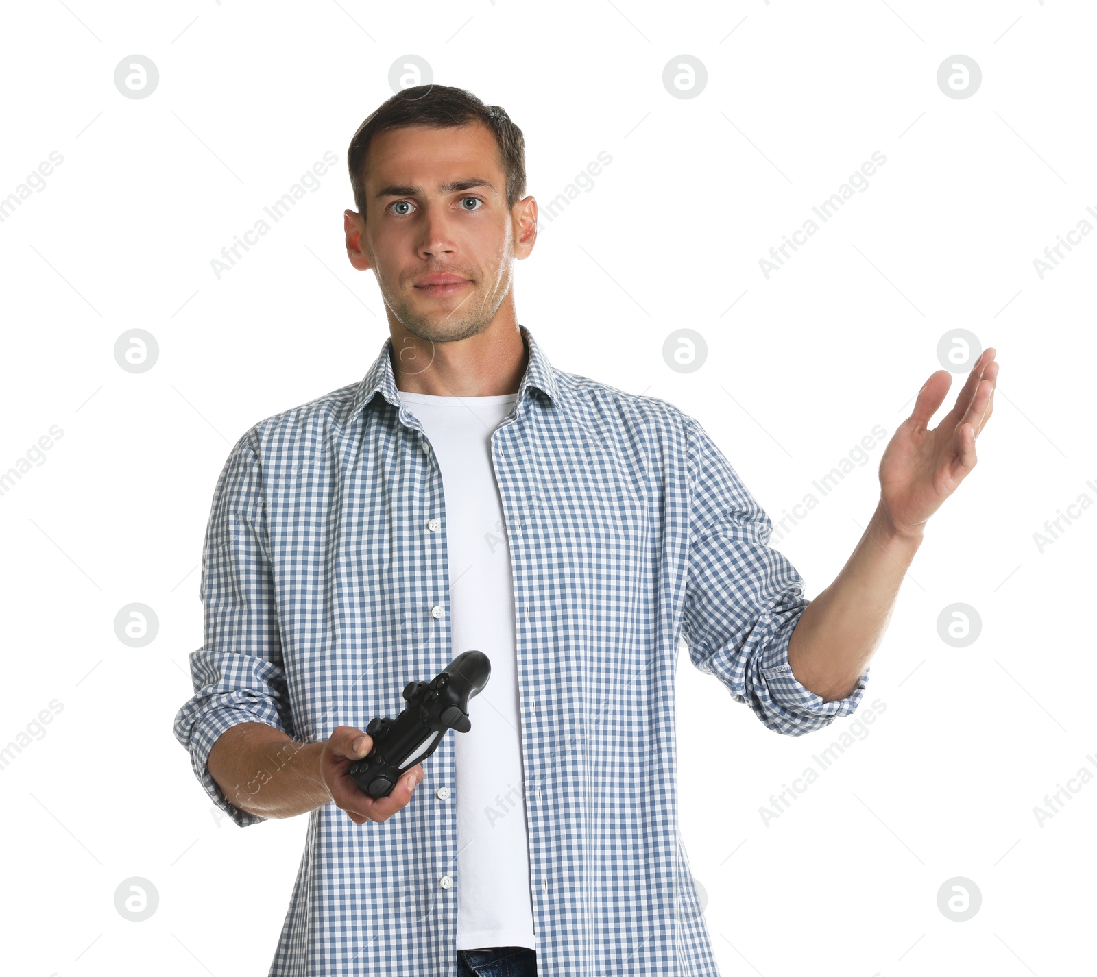 Photo of Unhappy man with controller on white background