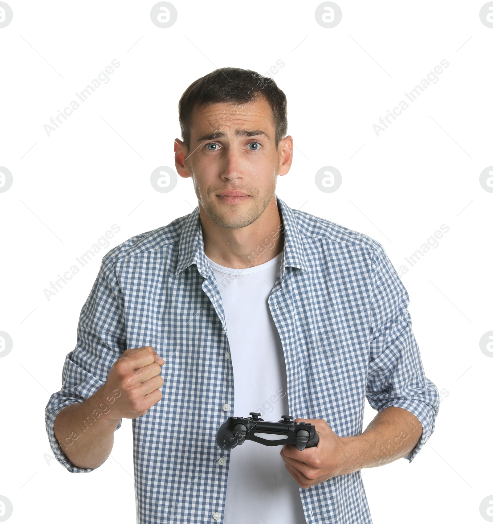 Photo of Man in shirt with controller on white background