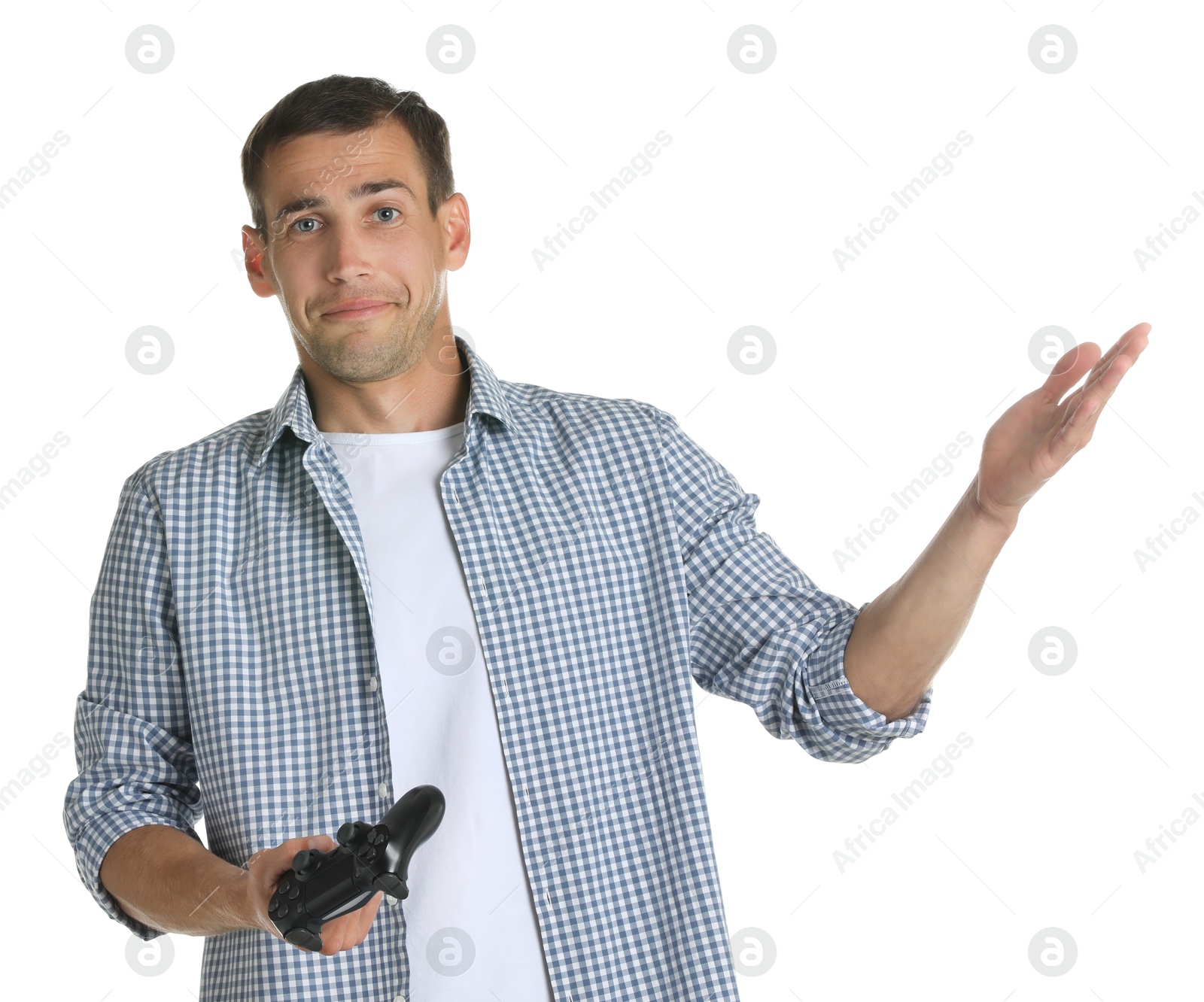 Photo of Man in shirt with controller on white background