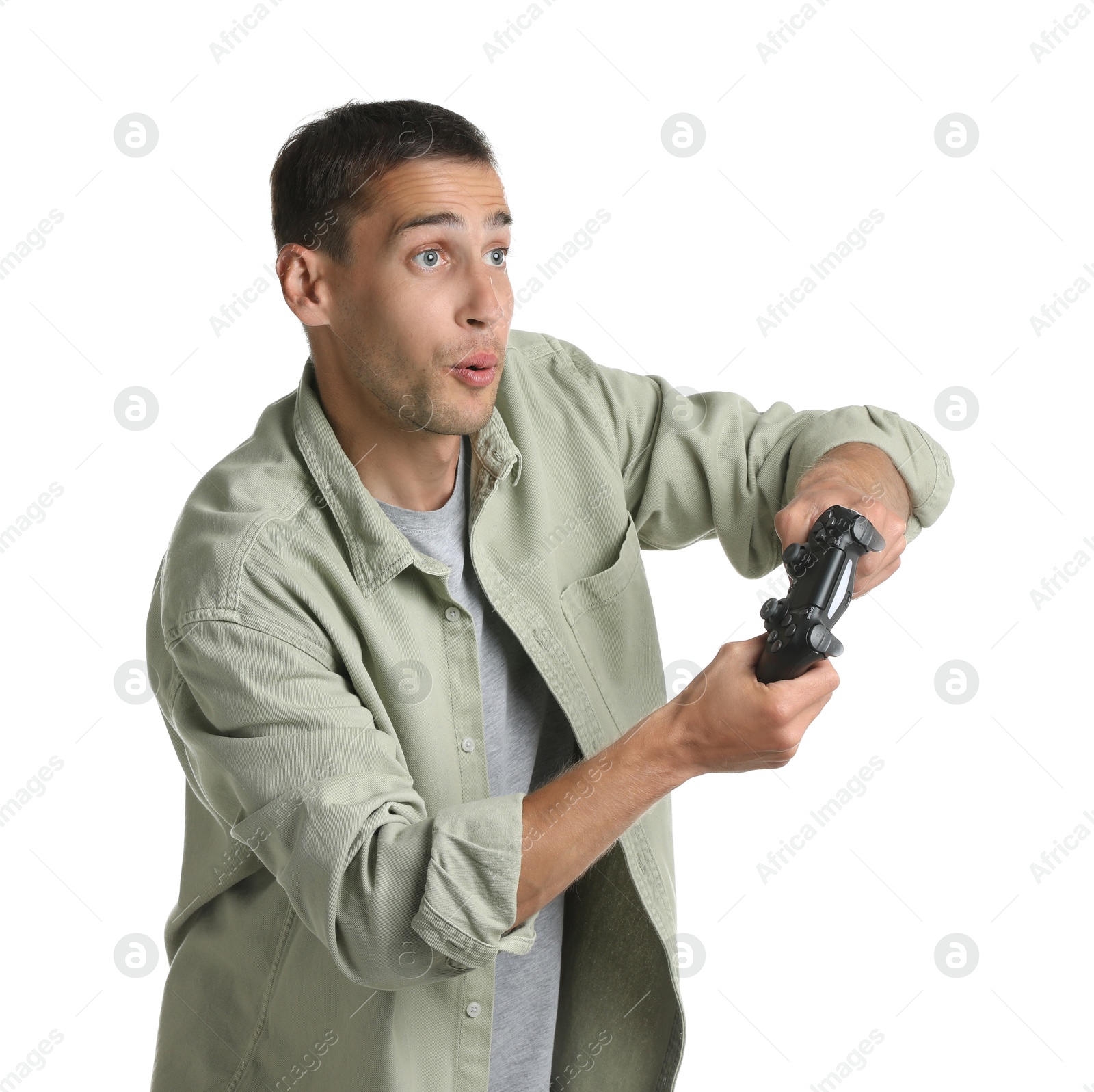 Photo of Man playing video games with controller on white background