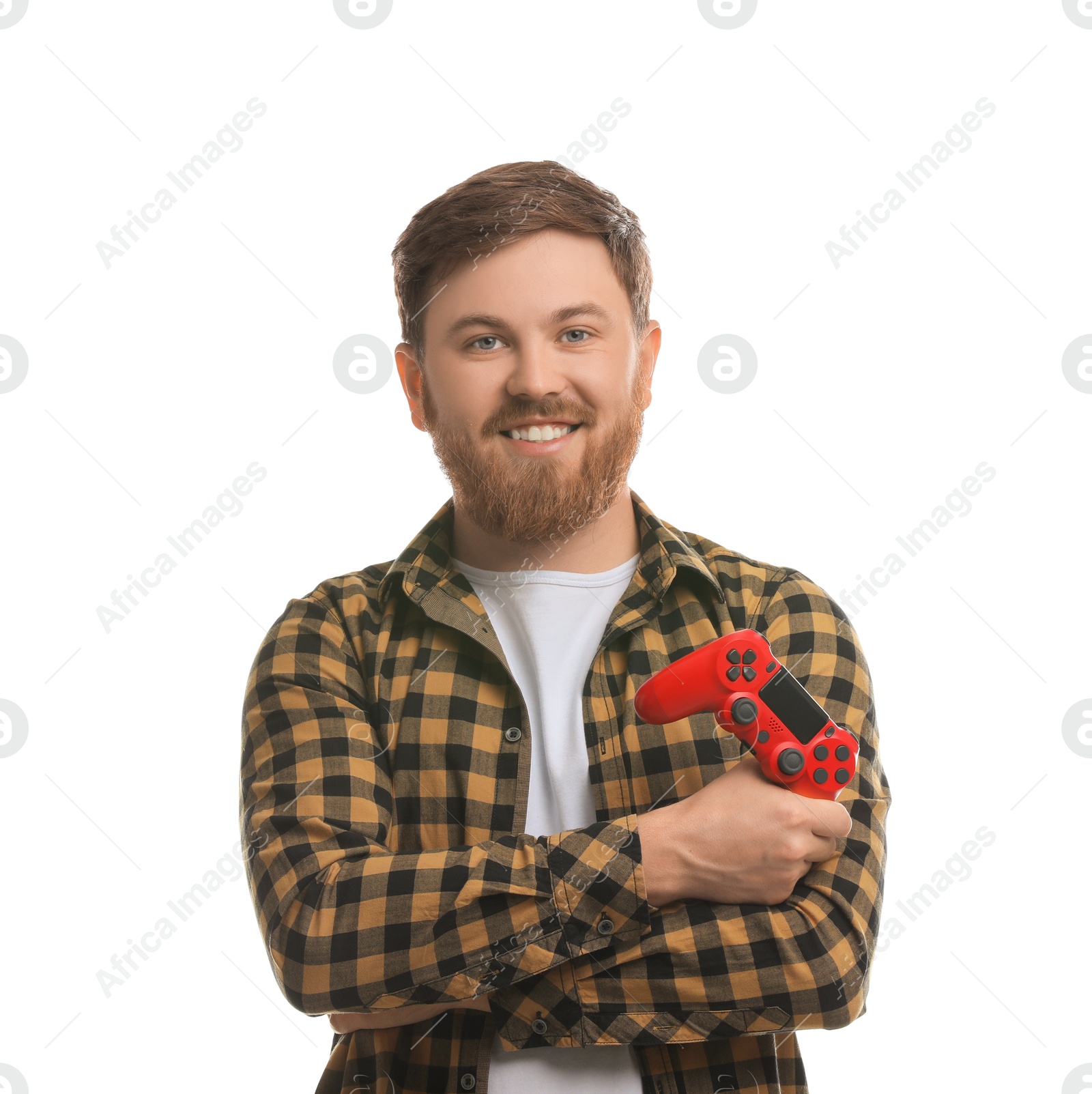Photo of Happy man with game controller on white background