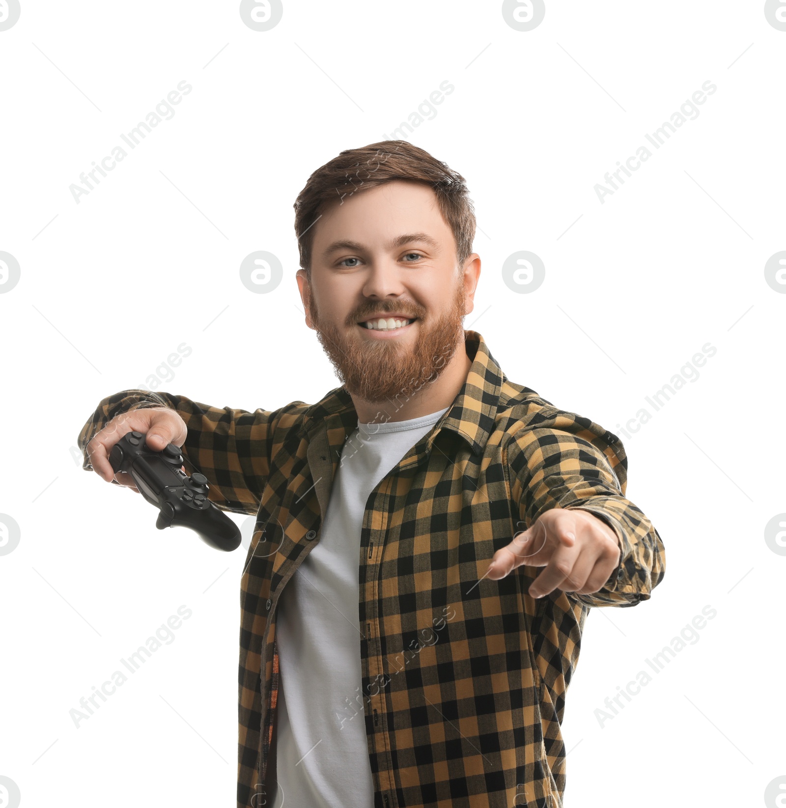 Photo of Happy man with game controller on white background