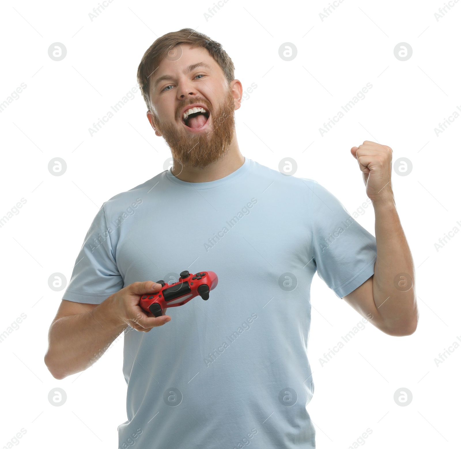 Photo of Emotional man with game controller on white background