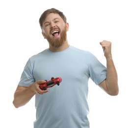 Emotional man with game controller on white background