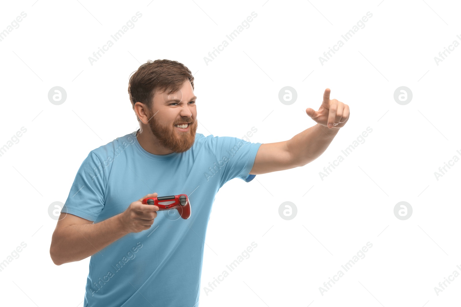 Photo of Emotional man with game controller on white background