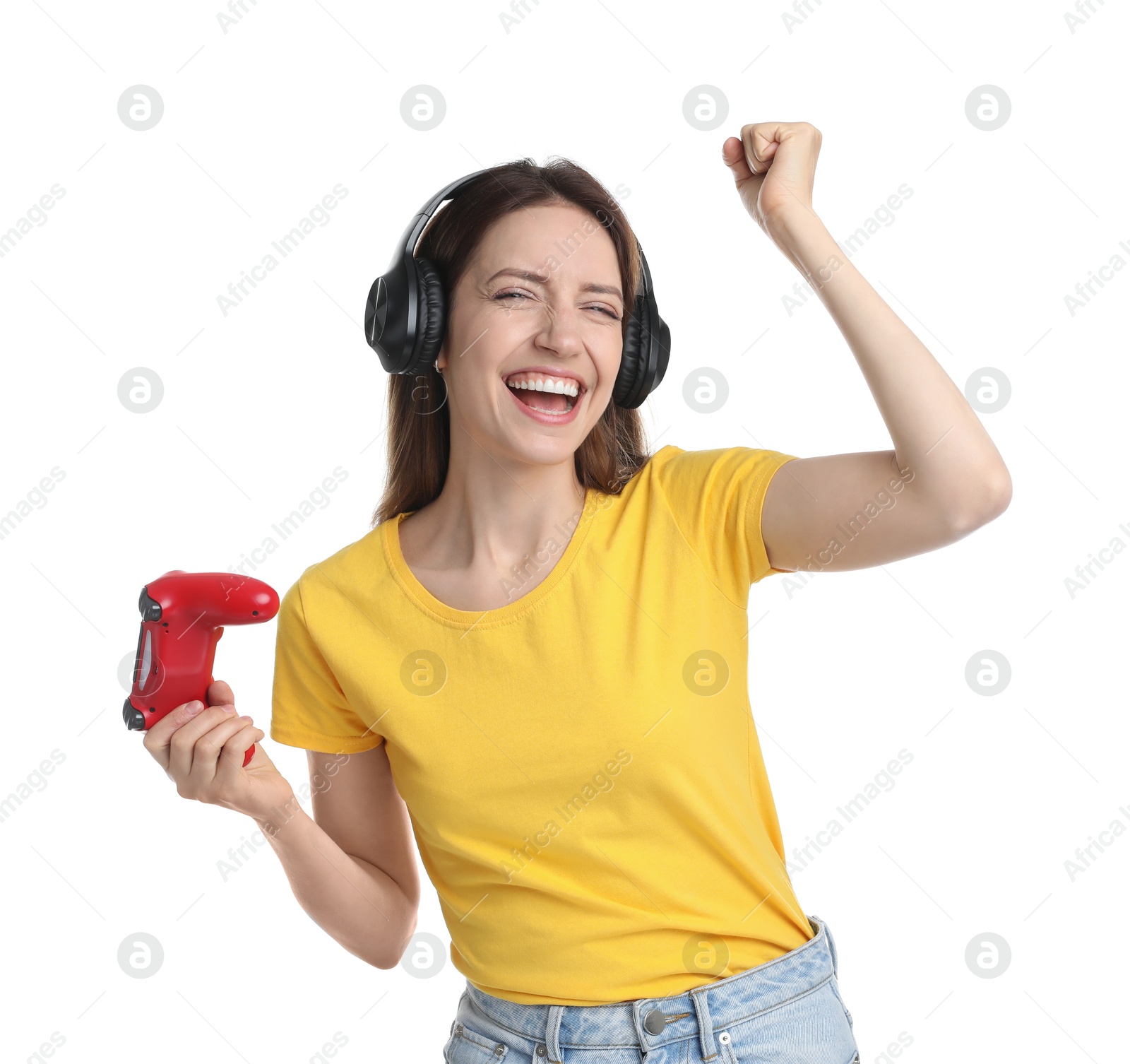 Photo of Happy woman in headphones with game controller on white background