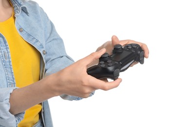 Smiling woman playing video game with controller on white background, closeup