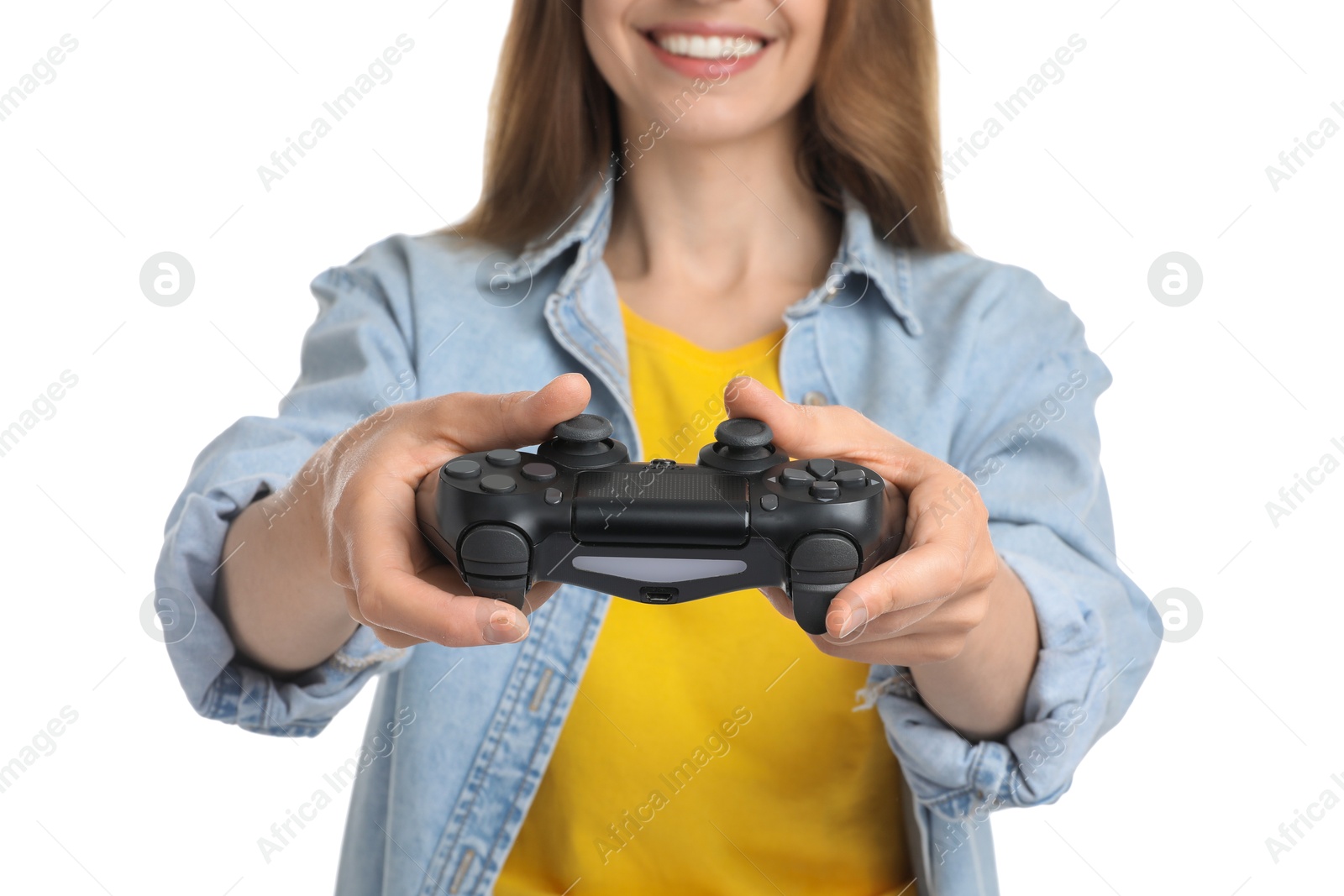 Photo of Smiling woman playing video game with controller on white background, closeup