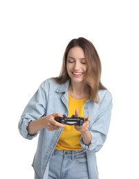 Happy woman playing video game with controller on white background