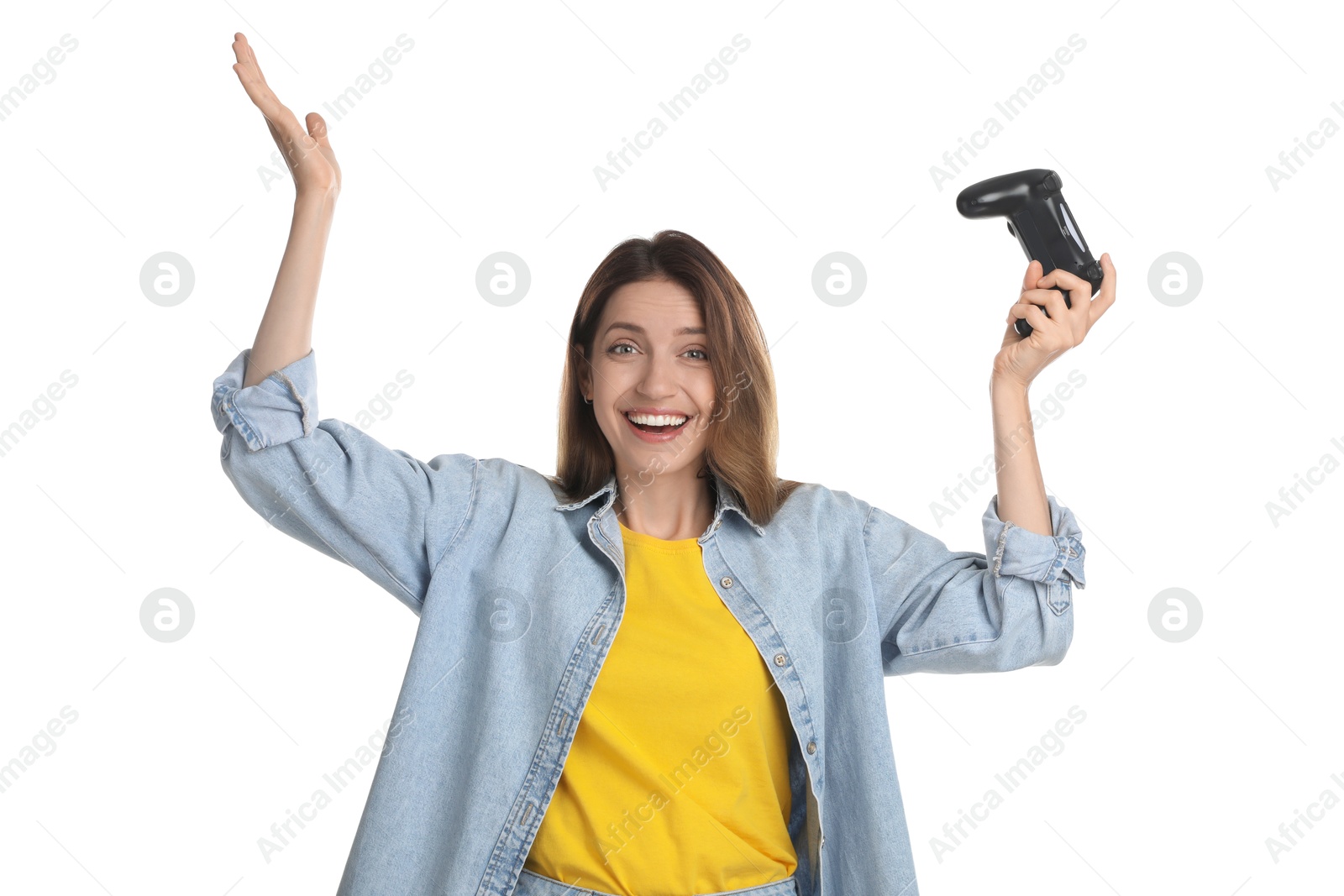 Photo of Happy woman with game controller on white background