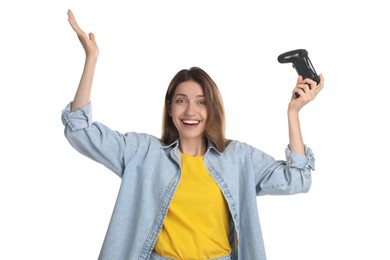 Photo of Happy woman with game controller on white background