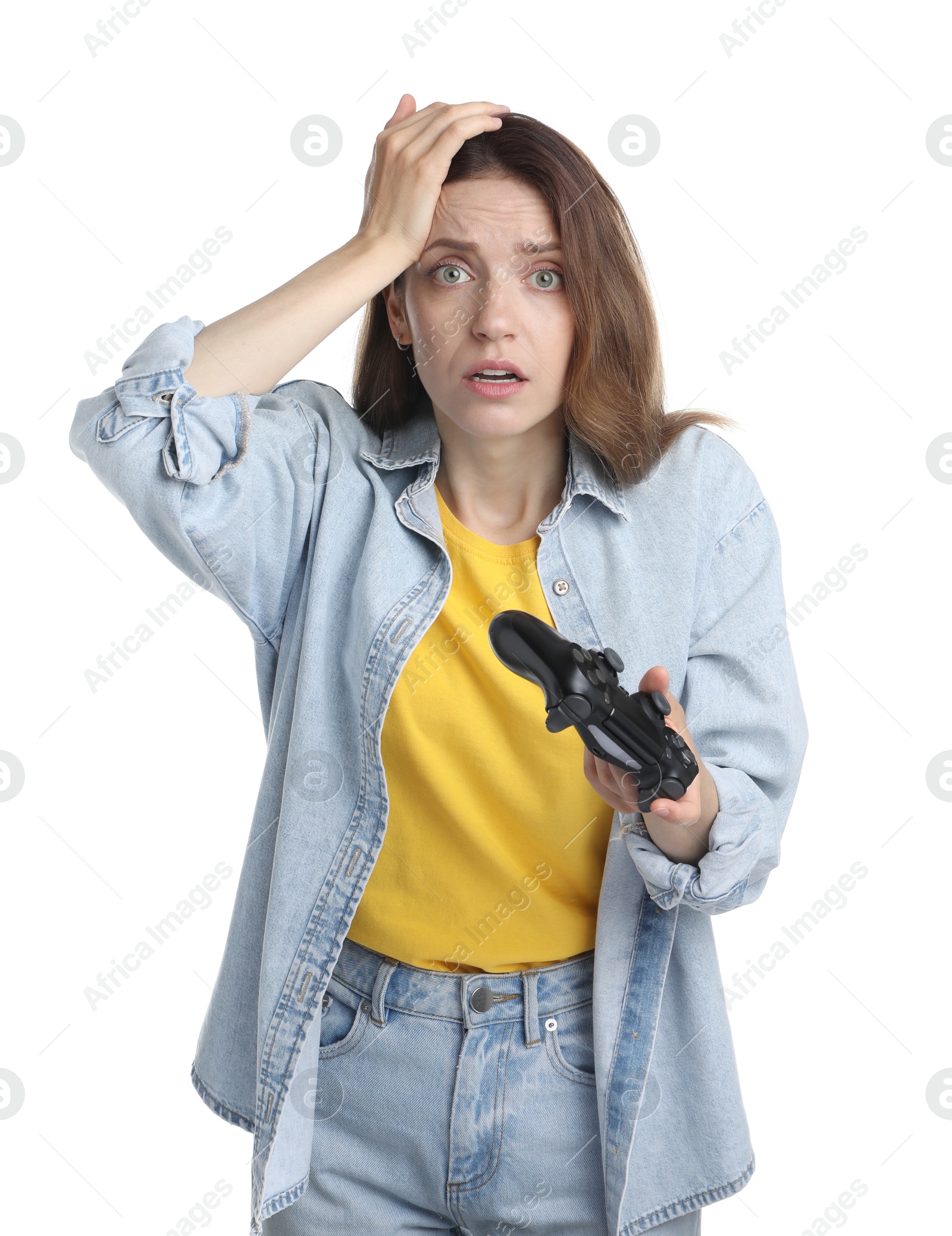 Photo of Confused woman with game controller on white background