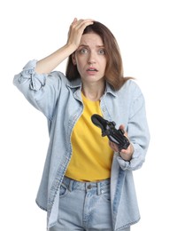 Confused woman with game controller on white background