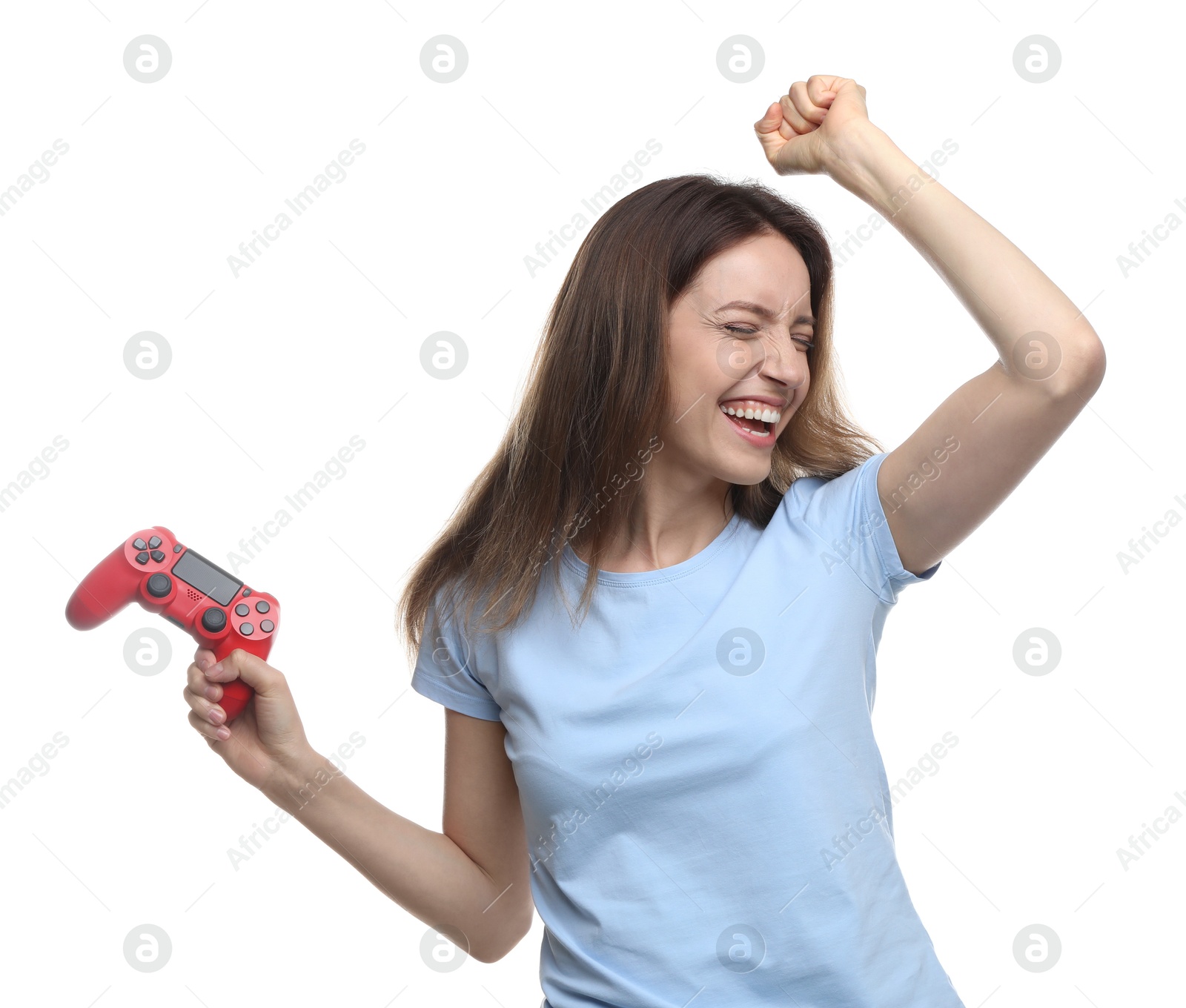 Photo of Happy woman with game controller on white background