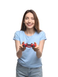 Happy woman playing video game with controller on white background