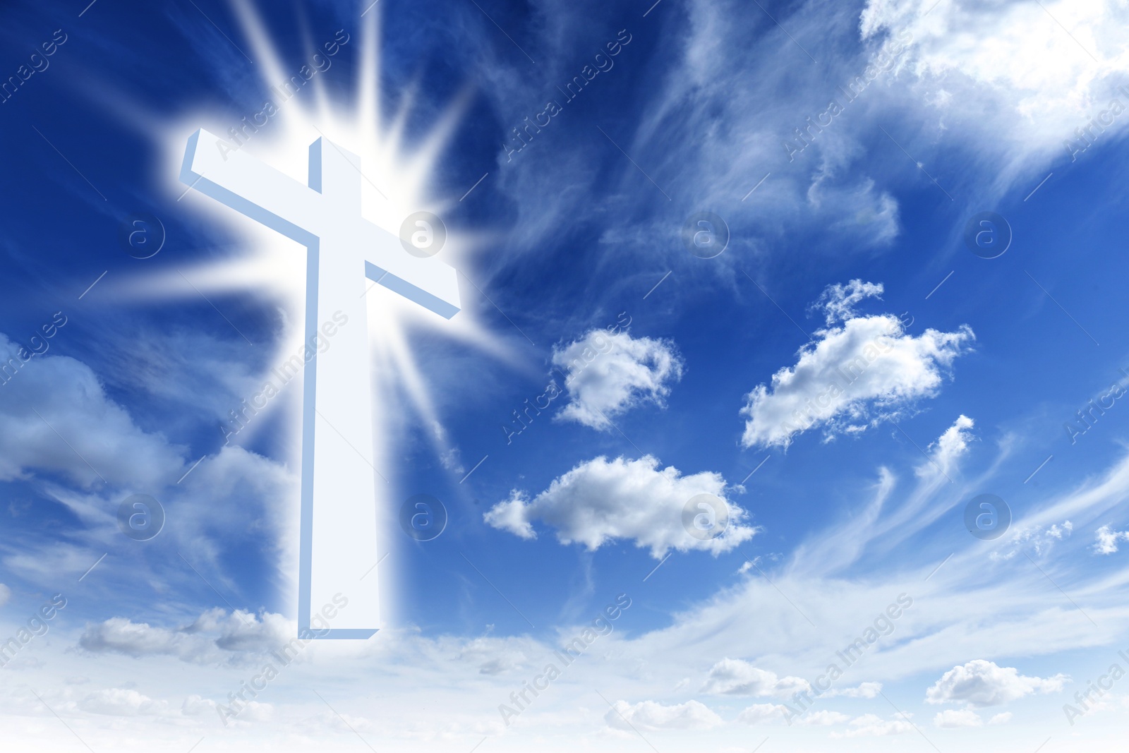 Image of Cross lit by sunlight in sky. Religion of Christianity