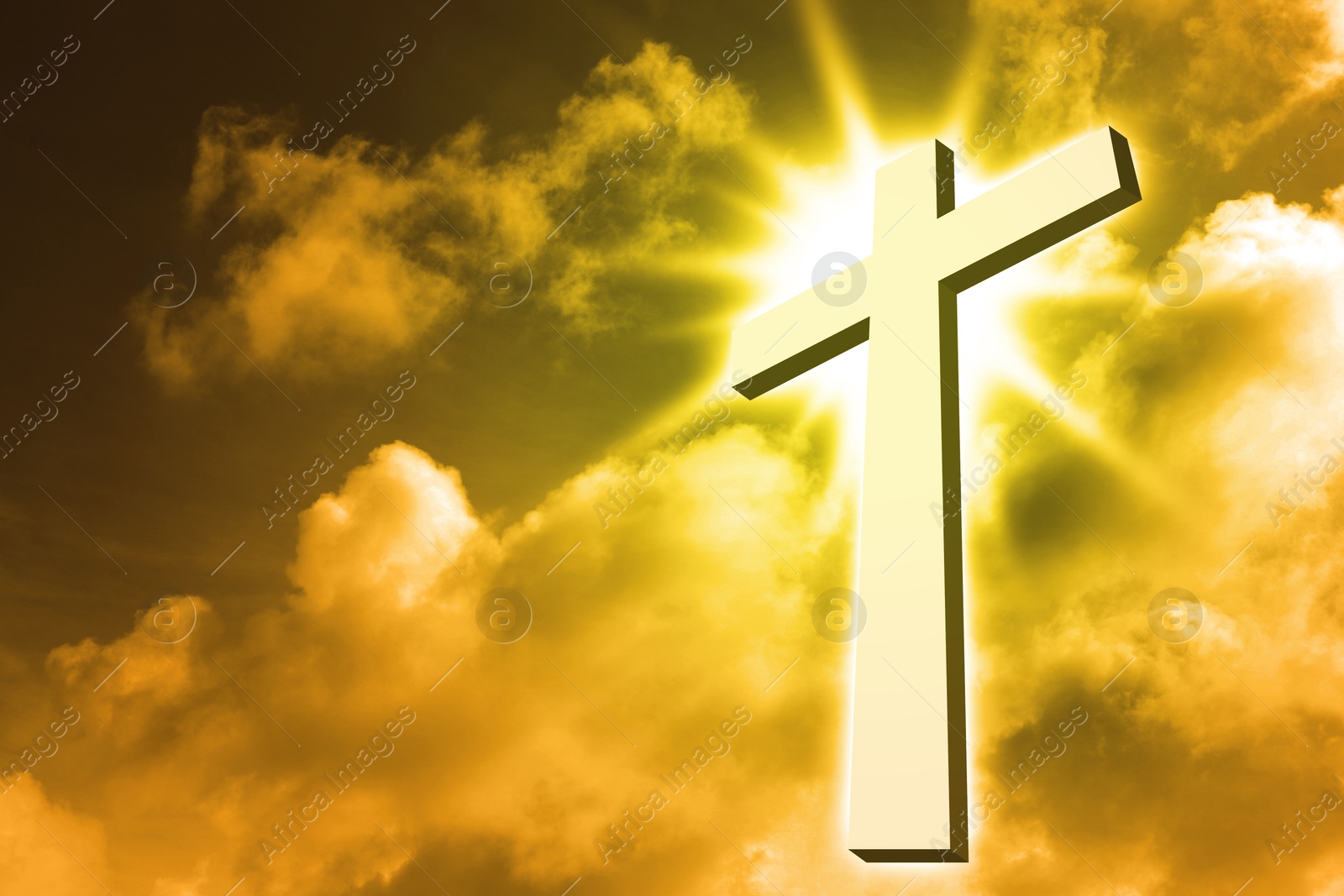 Image of Cross lit by sunlight in sky. Religion of Christianity