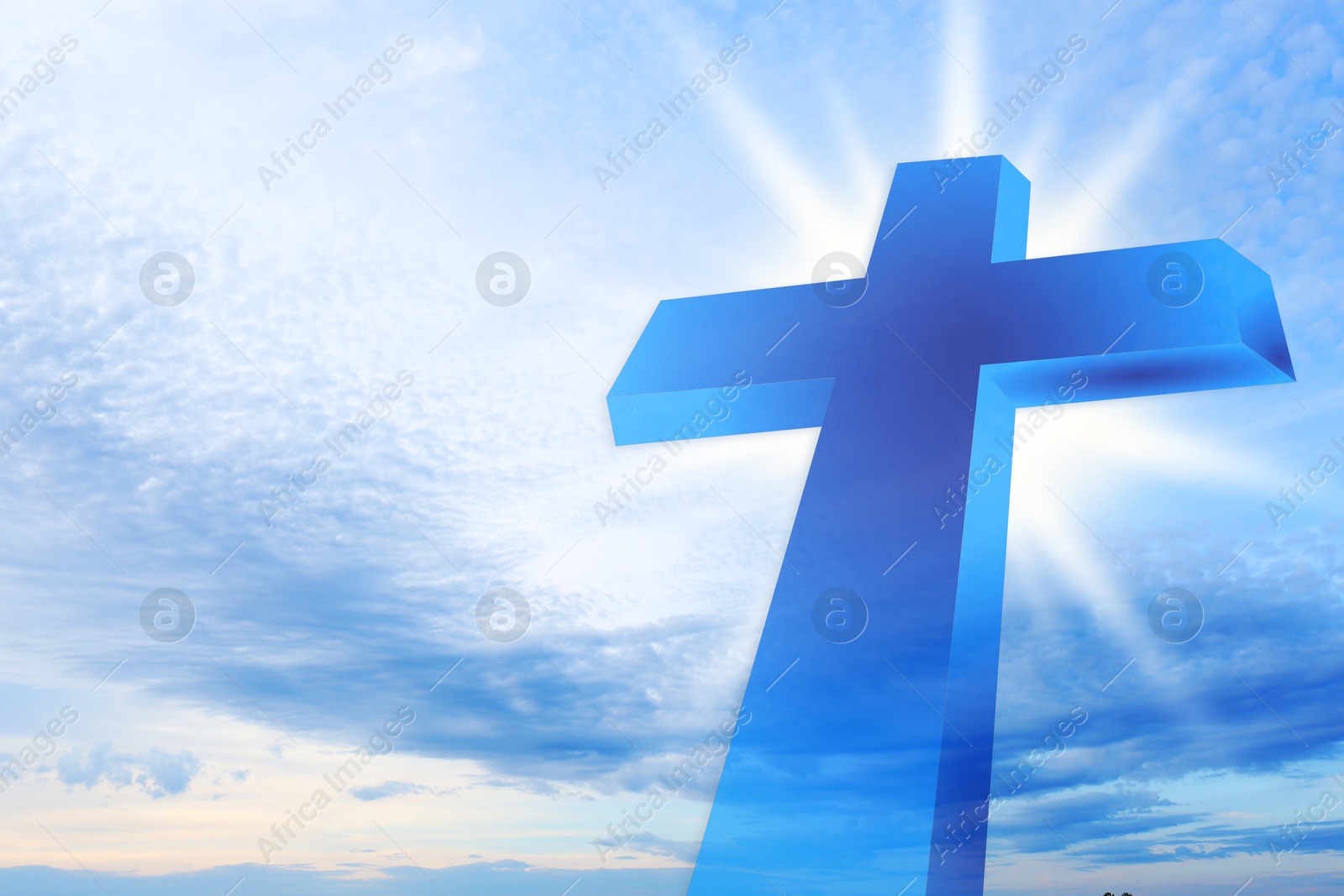 Image of Cross lit by sunlight in sky. Religion of Christianity