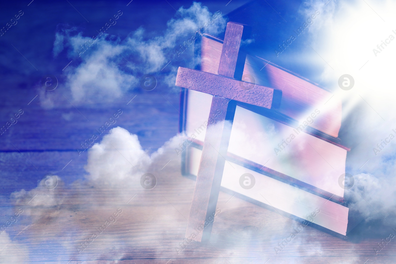 Image of Double exposure of cross, Holy Bible and and blue sky. Religion of Christianity