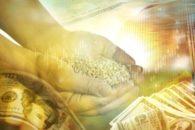 Image of Global grain crisis. Farmer with wheat seeds, dollar bills, office building and graph, multiple exposure