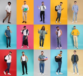 Different men on various color backgrounds, collage