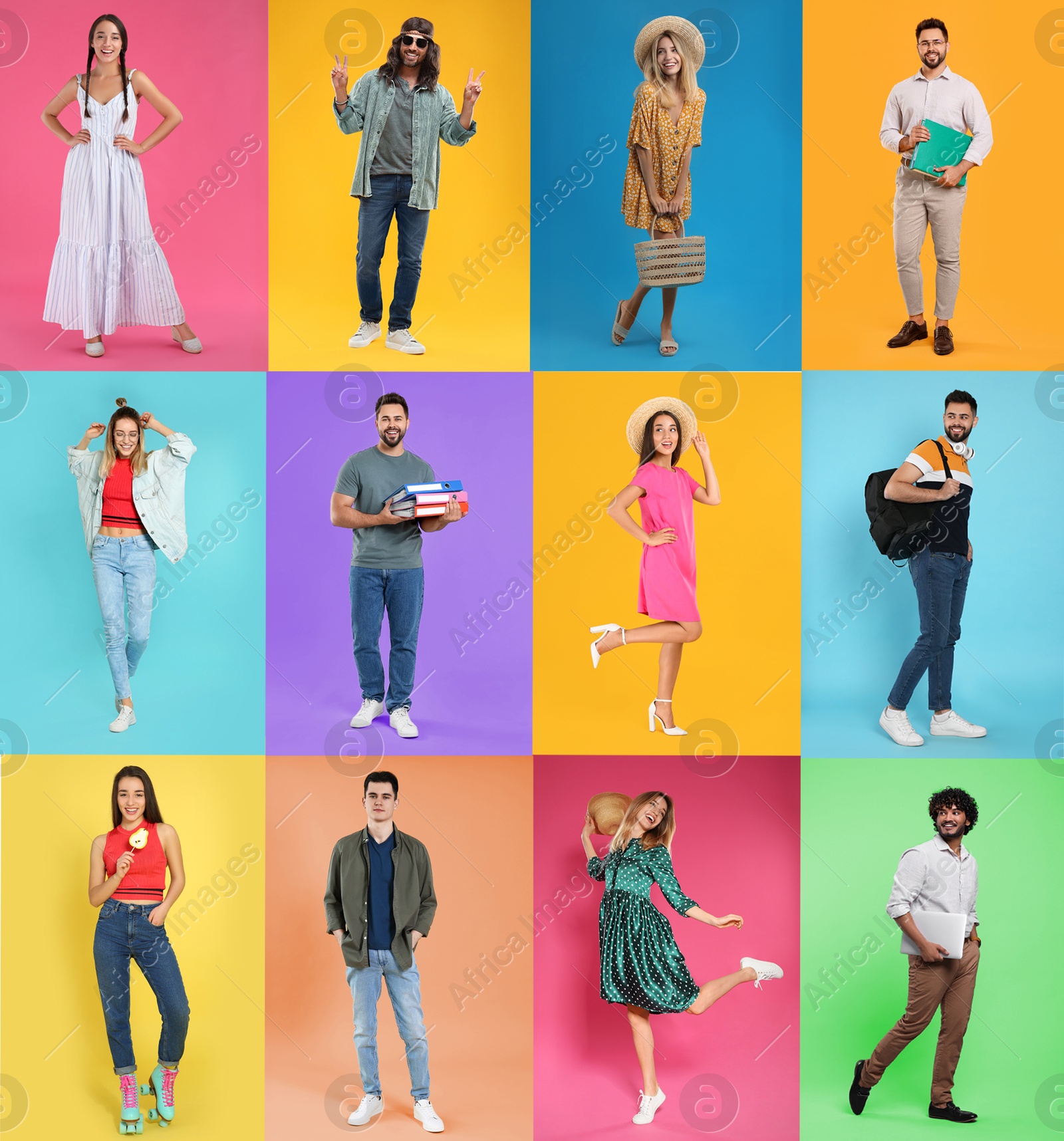 Image of Different people on various color backgrounds, collage