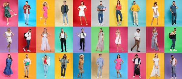 Different people on various color backgrounds, collage
