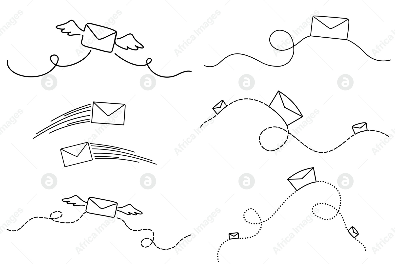 Image of Sending message. Drawing of different envelopes on white background