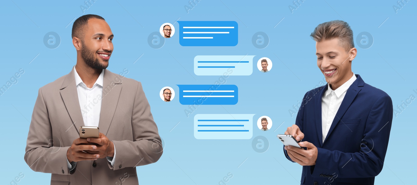 Image of Men with smartphones texting on light blue background, banner design. Message bubbles between them